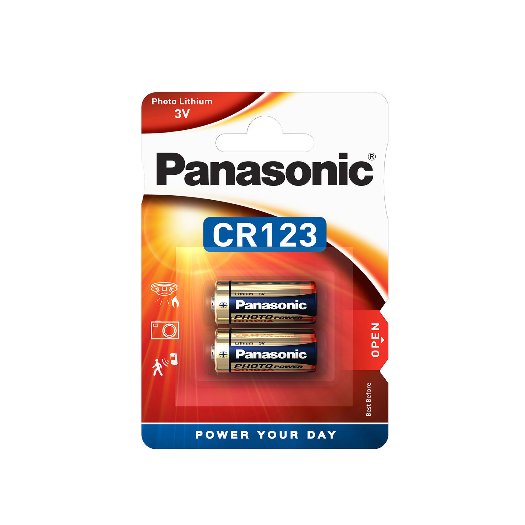Eine Panasonic-Batteriepackung mit zwei CR123-Batterien mit der Aufschrift 'Photo Power', isoliert auf Weiß.