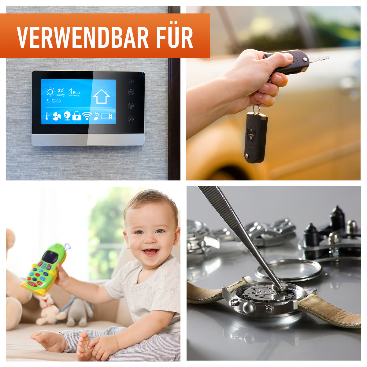 Vier Bilder zeigen eine Smart-Home-Anzeige, Autoschlüssel, Baby mit Spielzeug und eine reparierte Uhr.