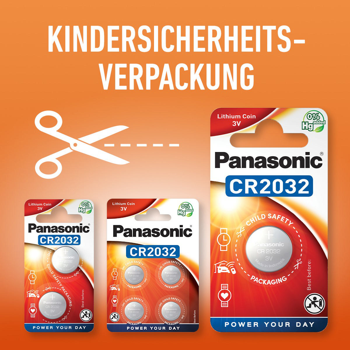 Mehrere Batterieverpackungen mit Text über kindersichere Verpackung.