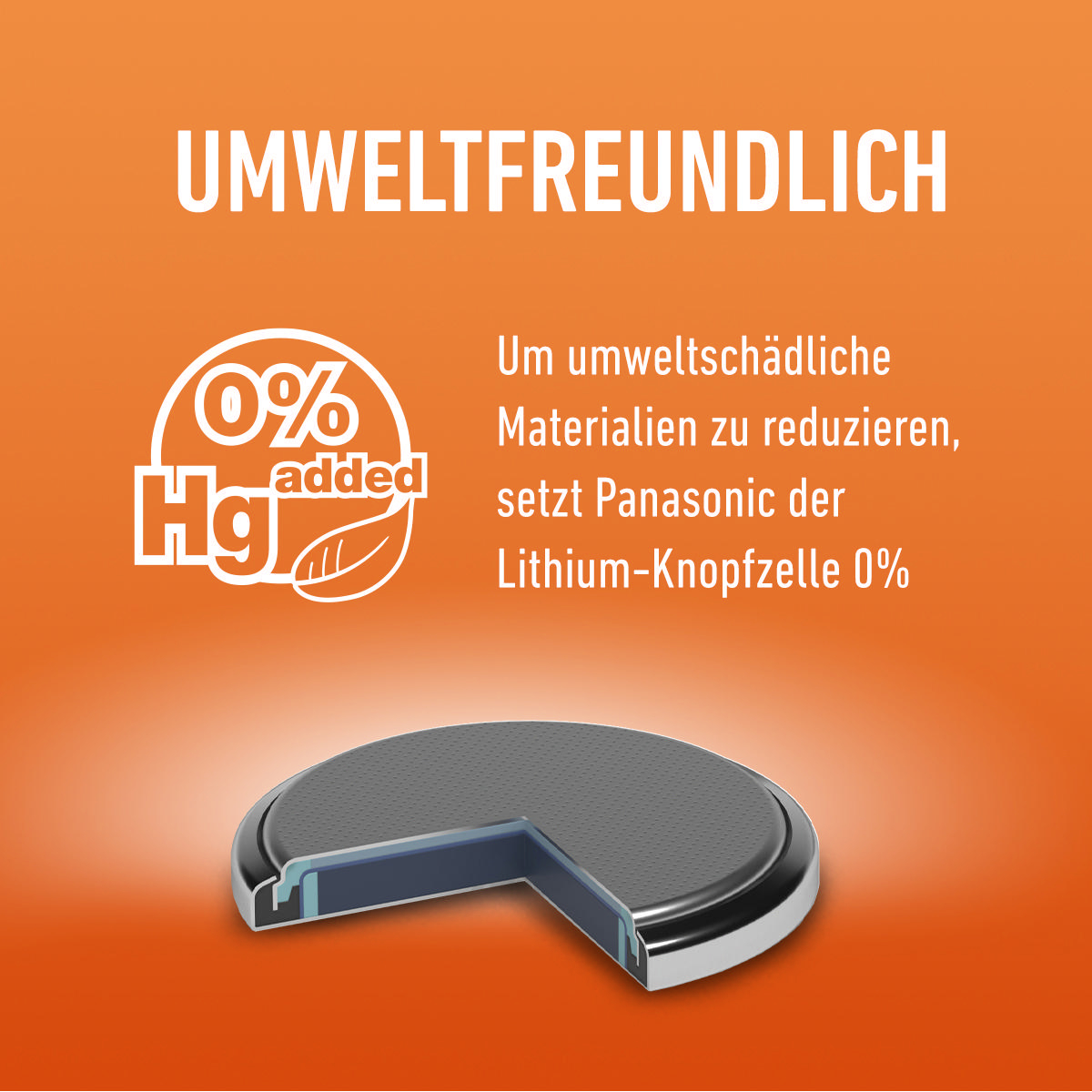 Bild einer Batterie mit Text auf Deutsch und einem Blattsymbol auf orangefarbenem Hintergrund.