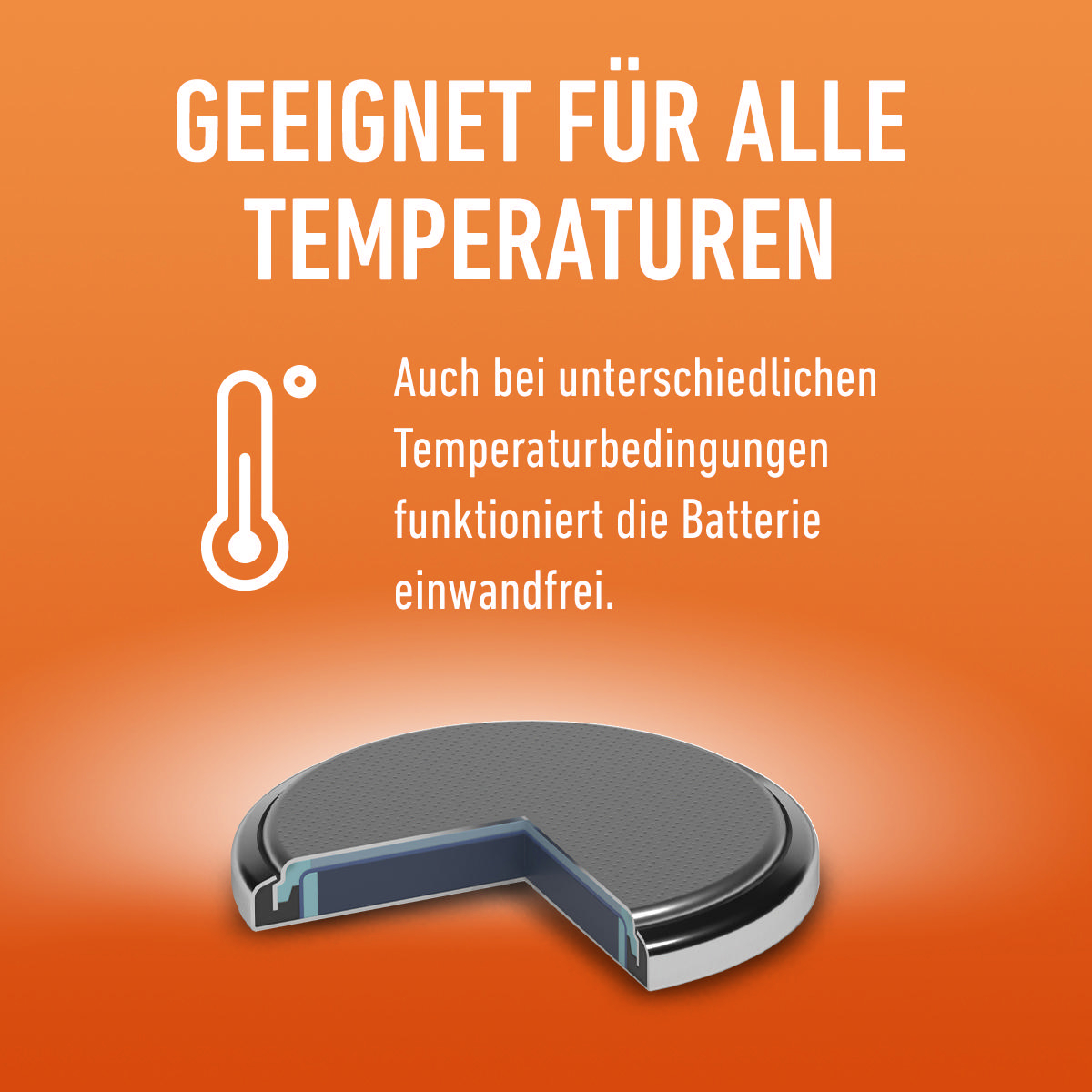 Oranger Hintergrund mit einer Batterie, einem Thermometersymbol. Deutscher Text, der die Temperatur erwähnt.