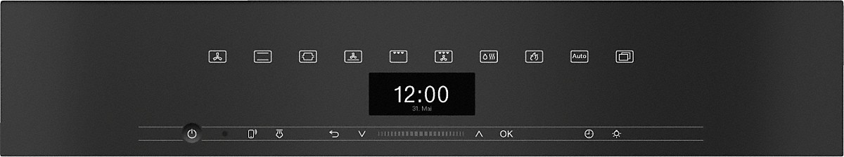Ein schwarzes Bedienfeld mit Symbolen und einer Digitaluhr, die 12:00 anzeigt.