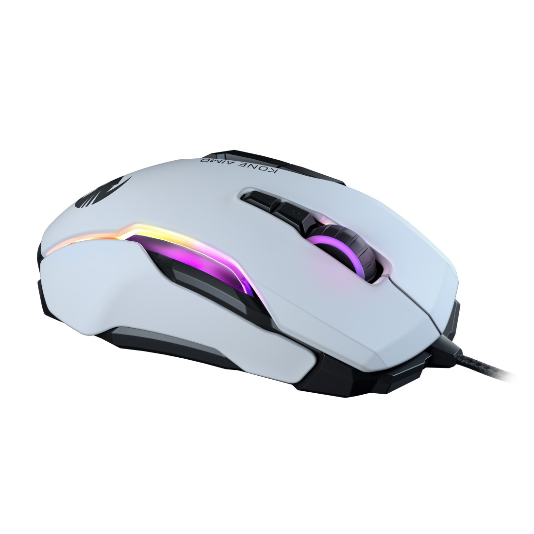 Weiße Gaming-Maus mit RGB-Beleuchtung und schwarzen Akzenten.