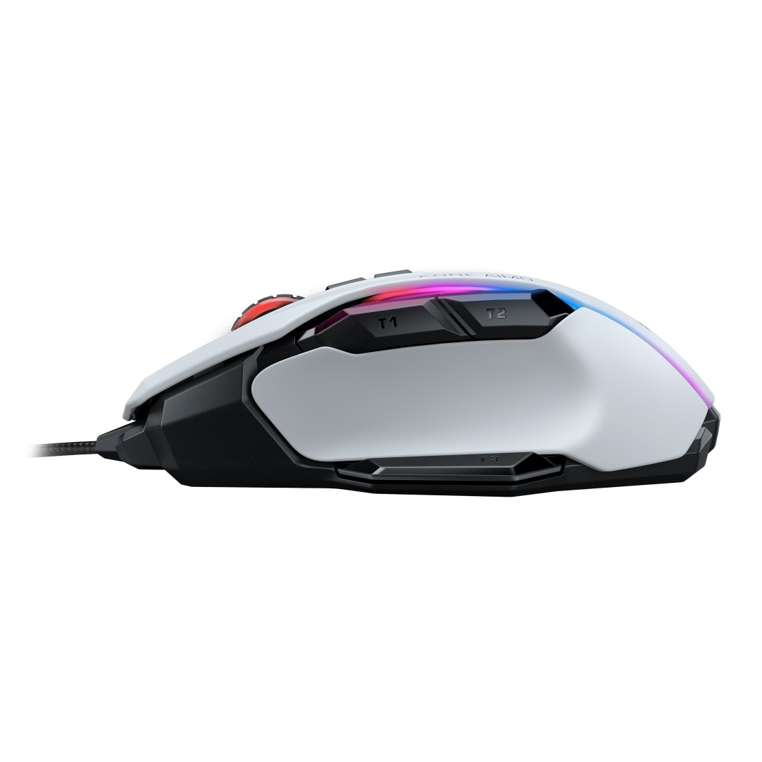 Weiße und schwarze Gaming-Maus mit farbigen Lichtern, mit Tasten oben und an der Seite.