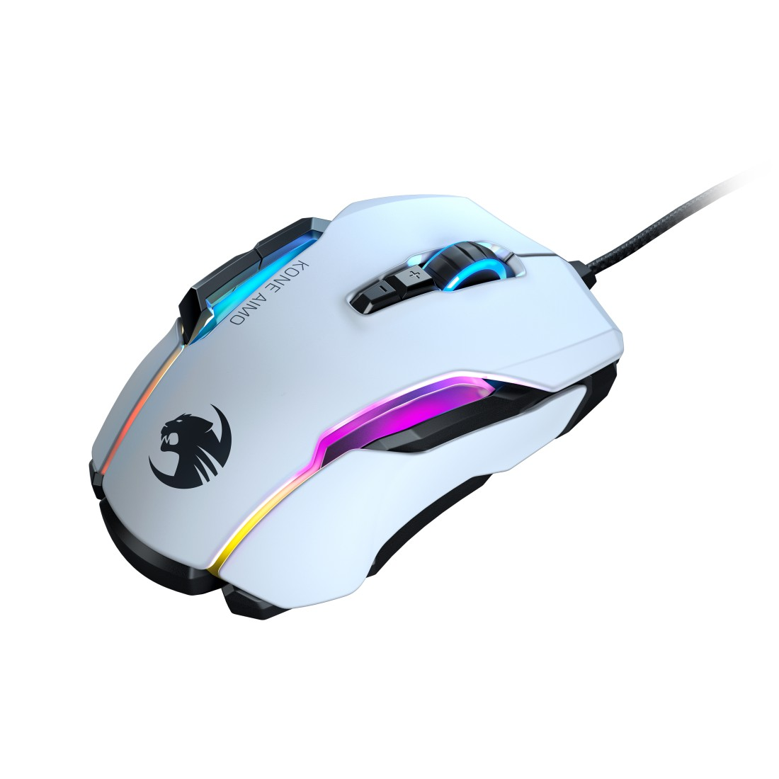 Weiße Gaming-Maus mit farbigen LED-Akzenten, schwarzem Kabel und Roccat-Logo.