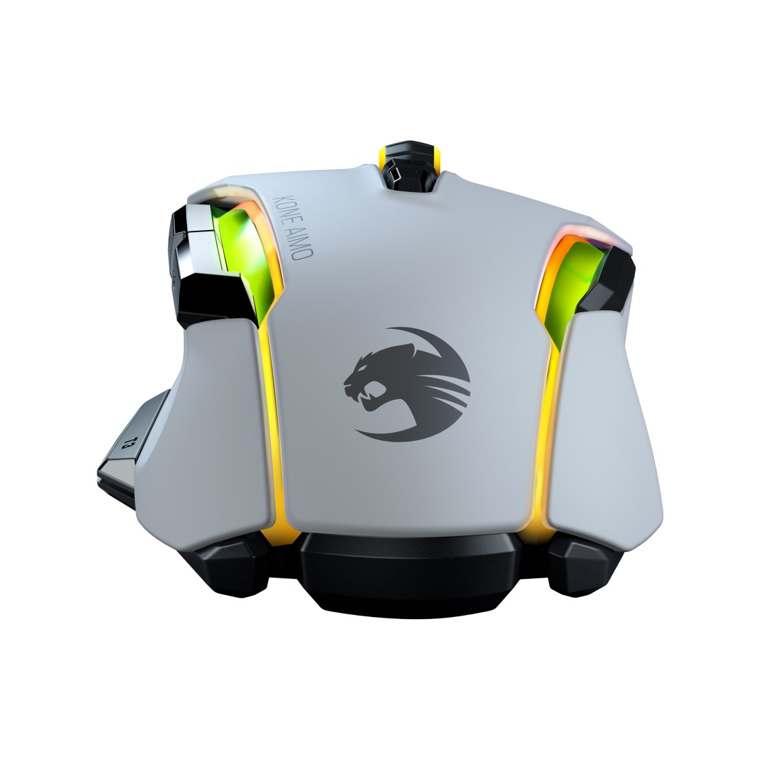 Eine grau-schwarze Computermaus mit gelben und grünen Lichtern und dem Wort 'Kone Aimo'.