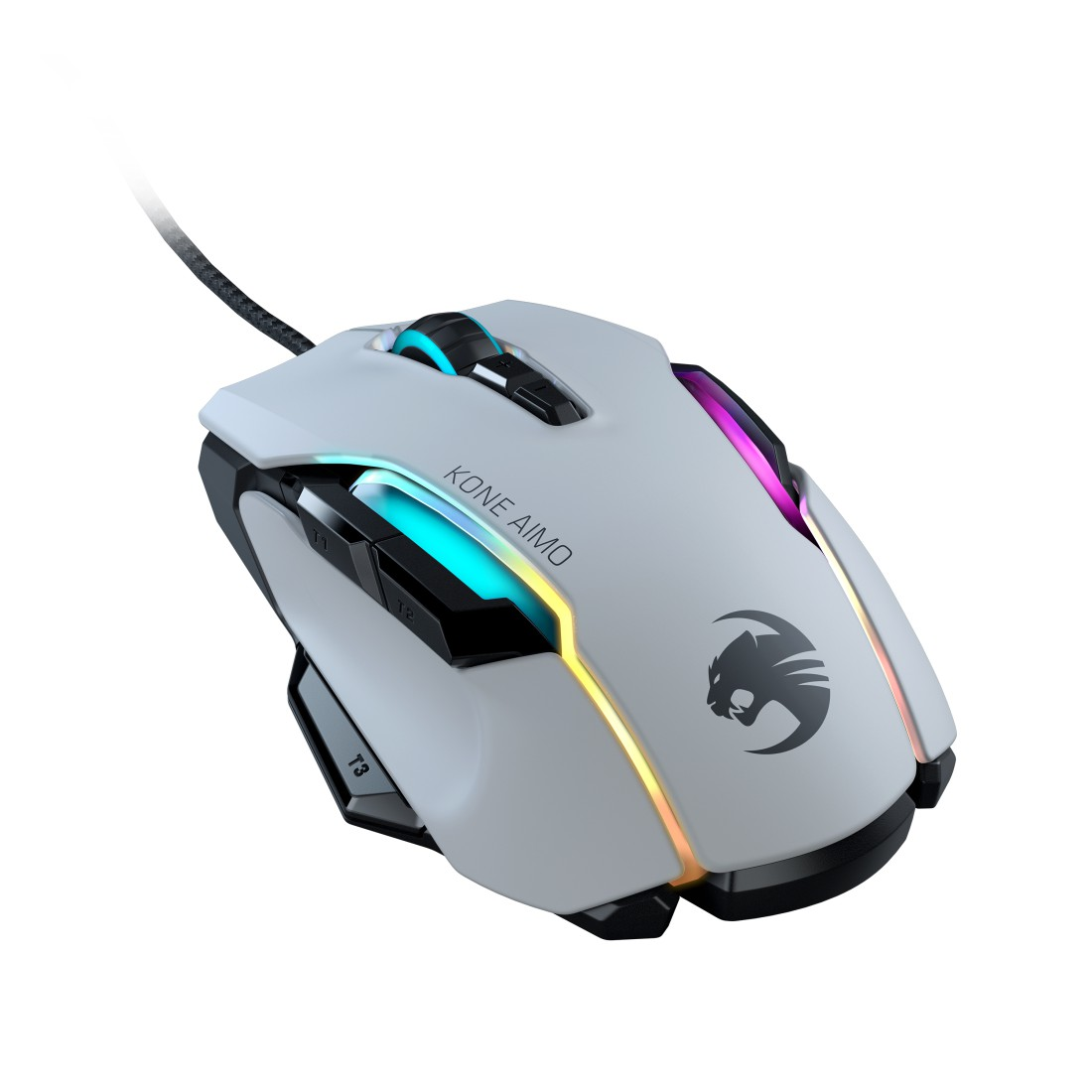 Weiße Roccat Kone Aimo Maus mit RGB-Beleuchtung, schwarzen Akzenten und Logo auf weißem Grund.
