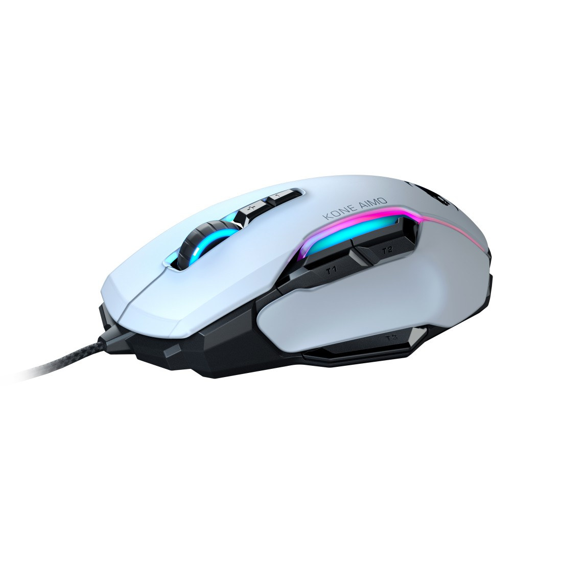 Weiße Gaming-Maus mit RGB-Beleuchtung, mit Tasten und Kabel.