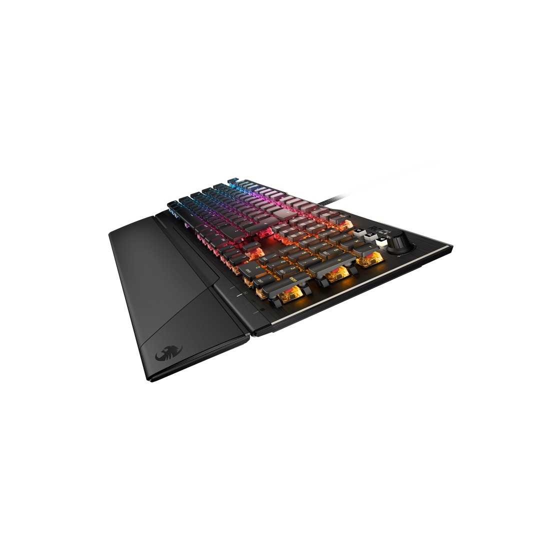 Schwarze mechanische Tastatur mit farbigen Tasten und einer schwarzen Handgelenkauflage.