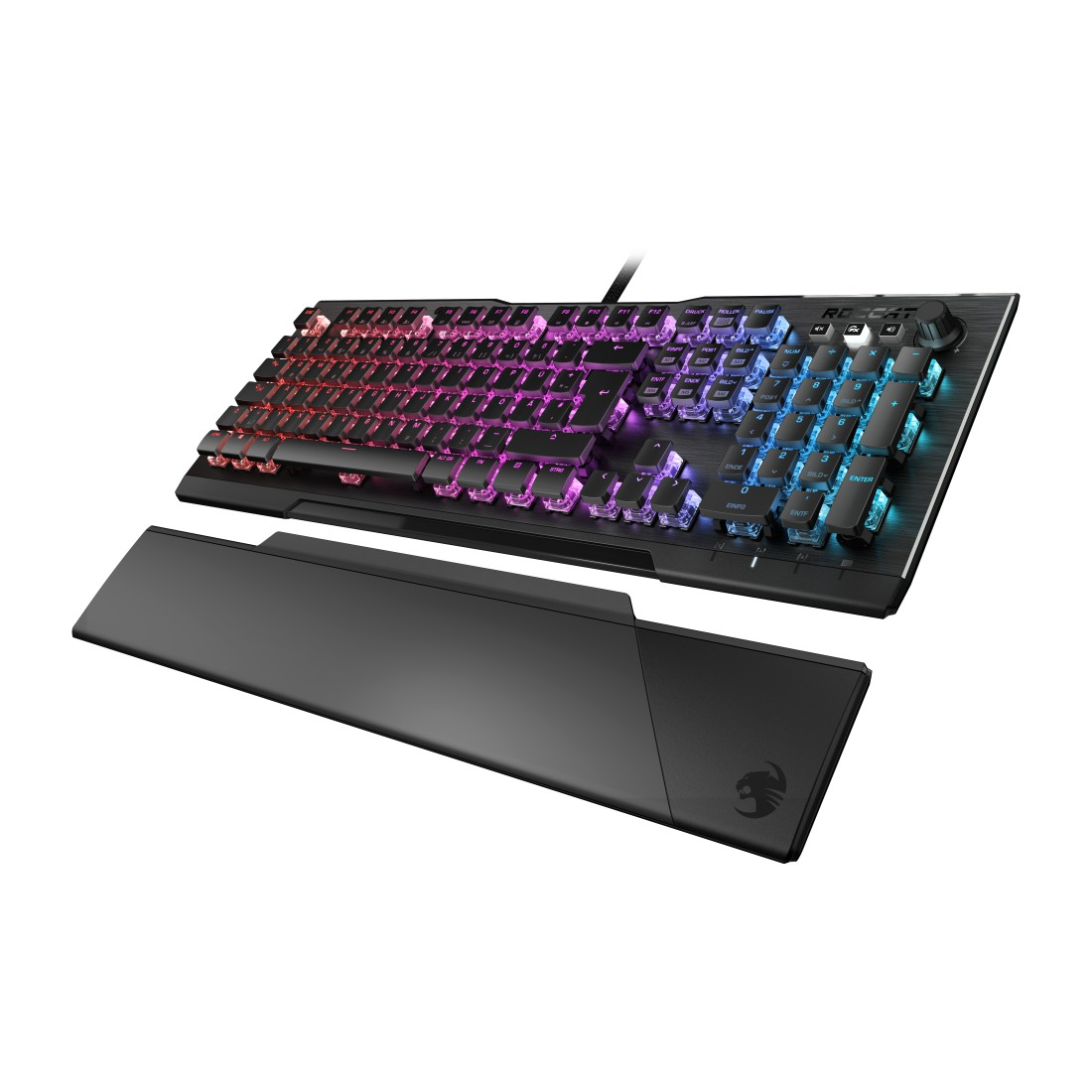 Schwarze Gaming-Tastatur mit RGB-Beleuchtung, Handauflage und Roccat-Logo.
