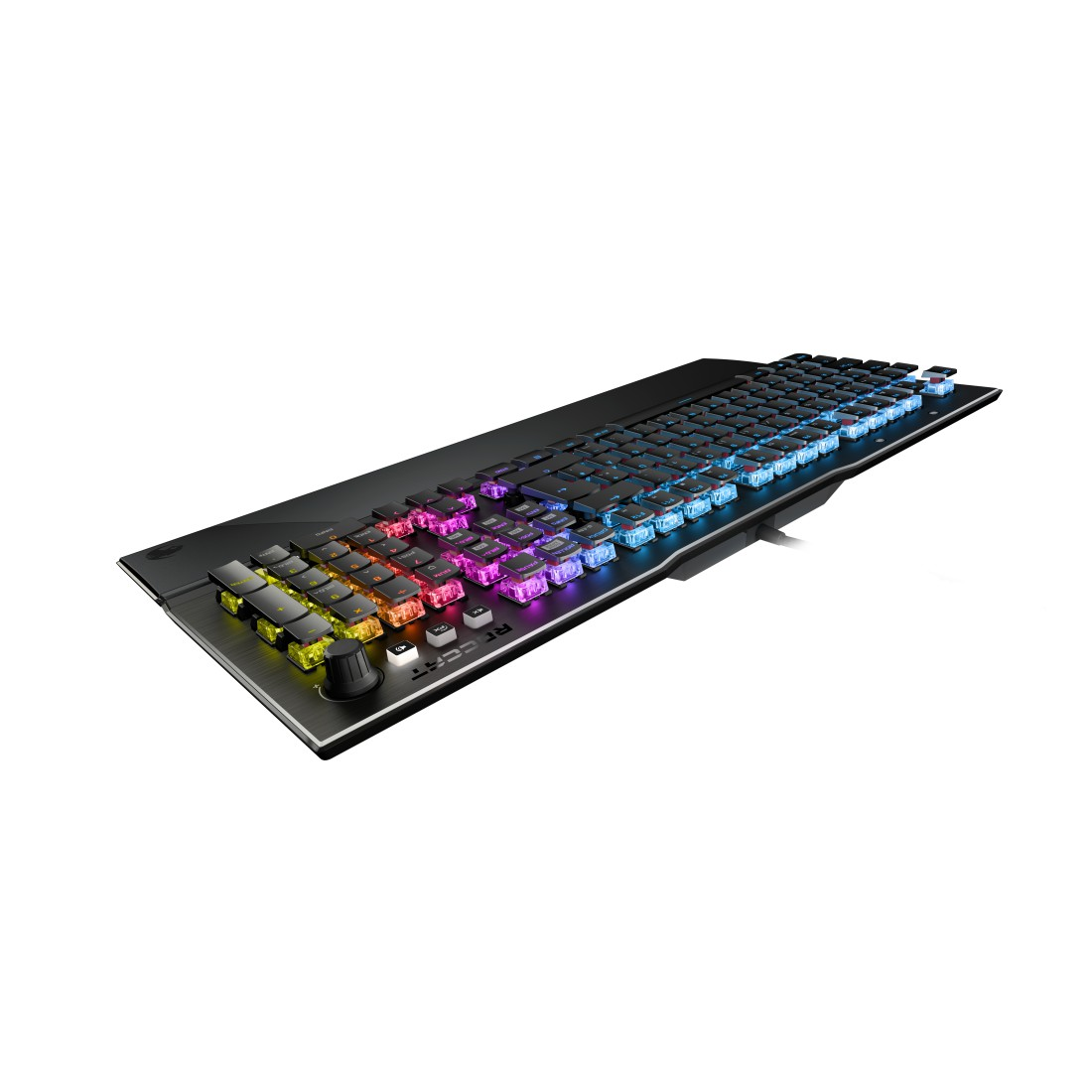 Schwarze Gaming-Tastatur mit RGB-Beleuchtung. Tasten sind farbig beleuchtet.