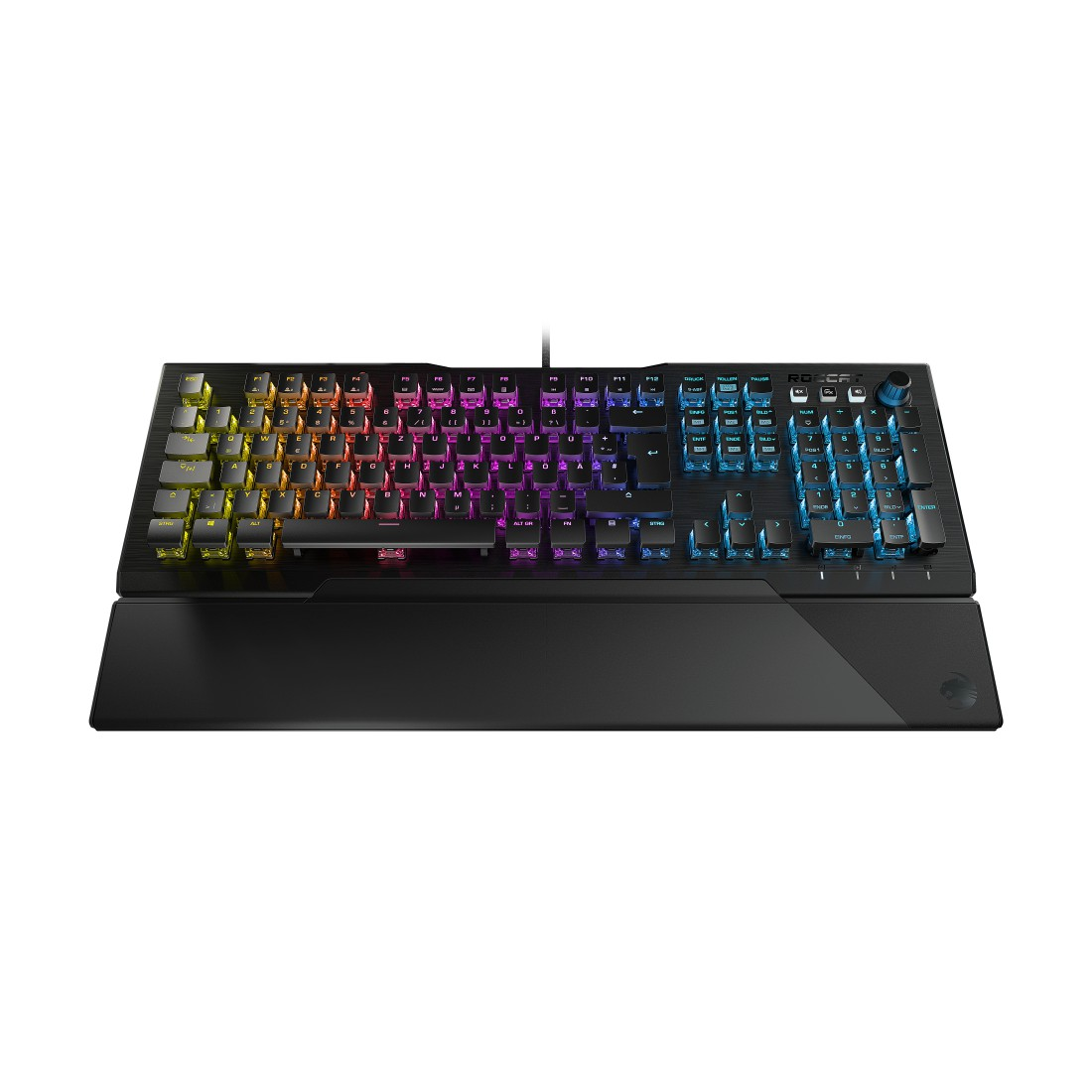 RGB-Gaming-Tastatur mit Handballenauflage, mehrfarbigen Tasten, schwarzer Basis, auf Weiß.