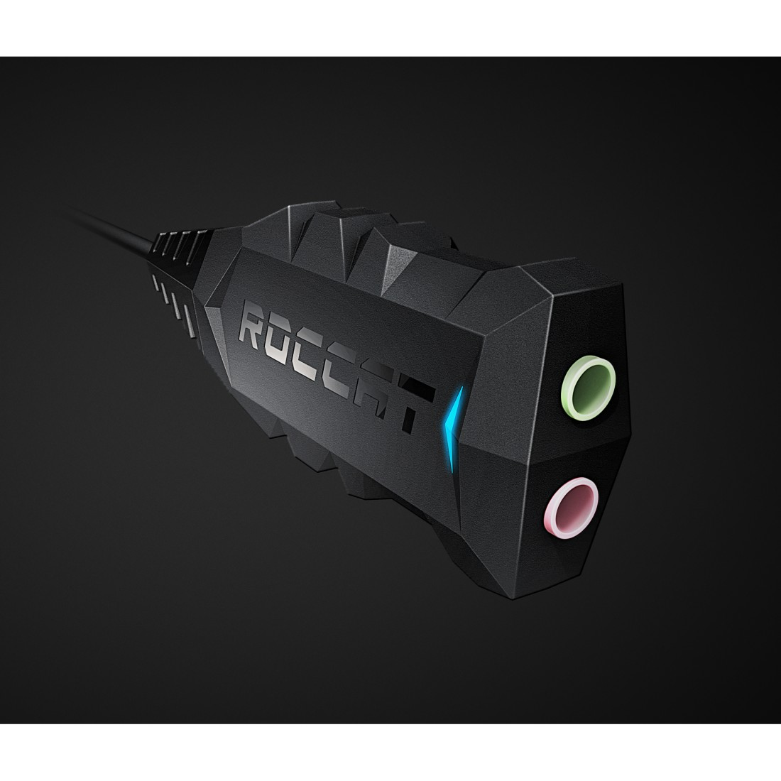 Schwarzes Audio-Interface mit grünen und rosa Eingangsjacken auf schwarzem Hintergrund.