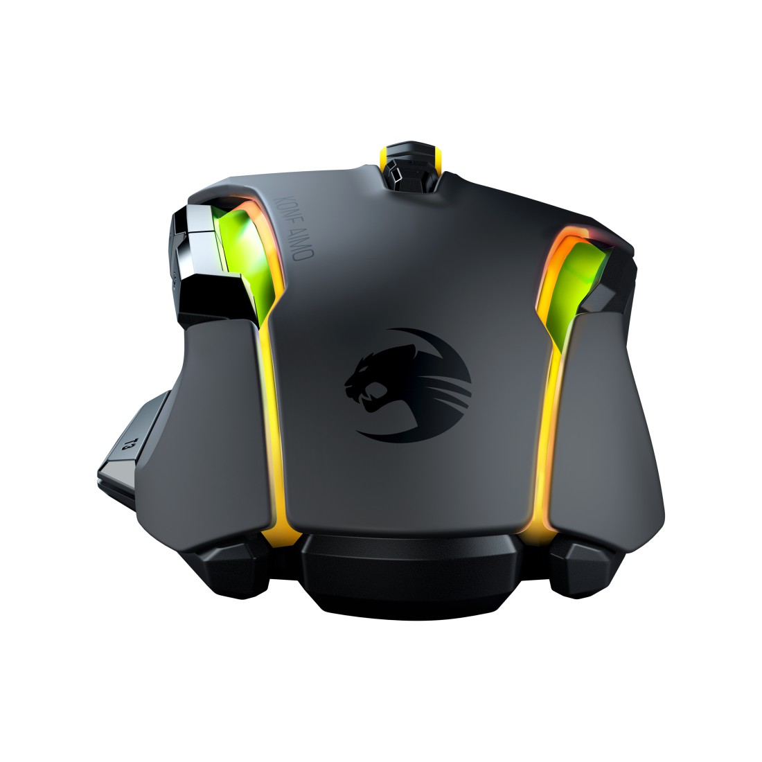 Schwarze Gaming-Maus mit gelben Akzenten und beleuchtetem Logo.