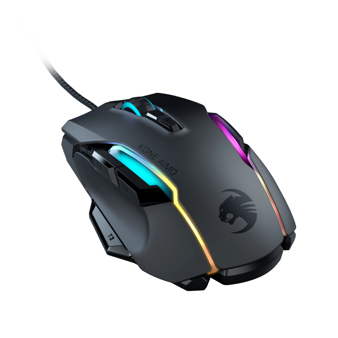 Eine schwarze Gaming-Maus mit RGB-Beleuchtung auf weißem Hintergrund. Sie hat Tasten und ein Scrollrad.