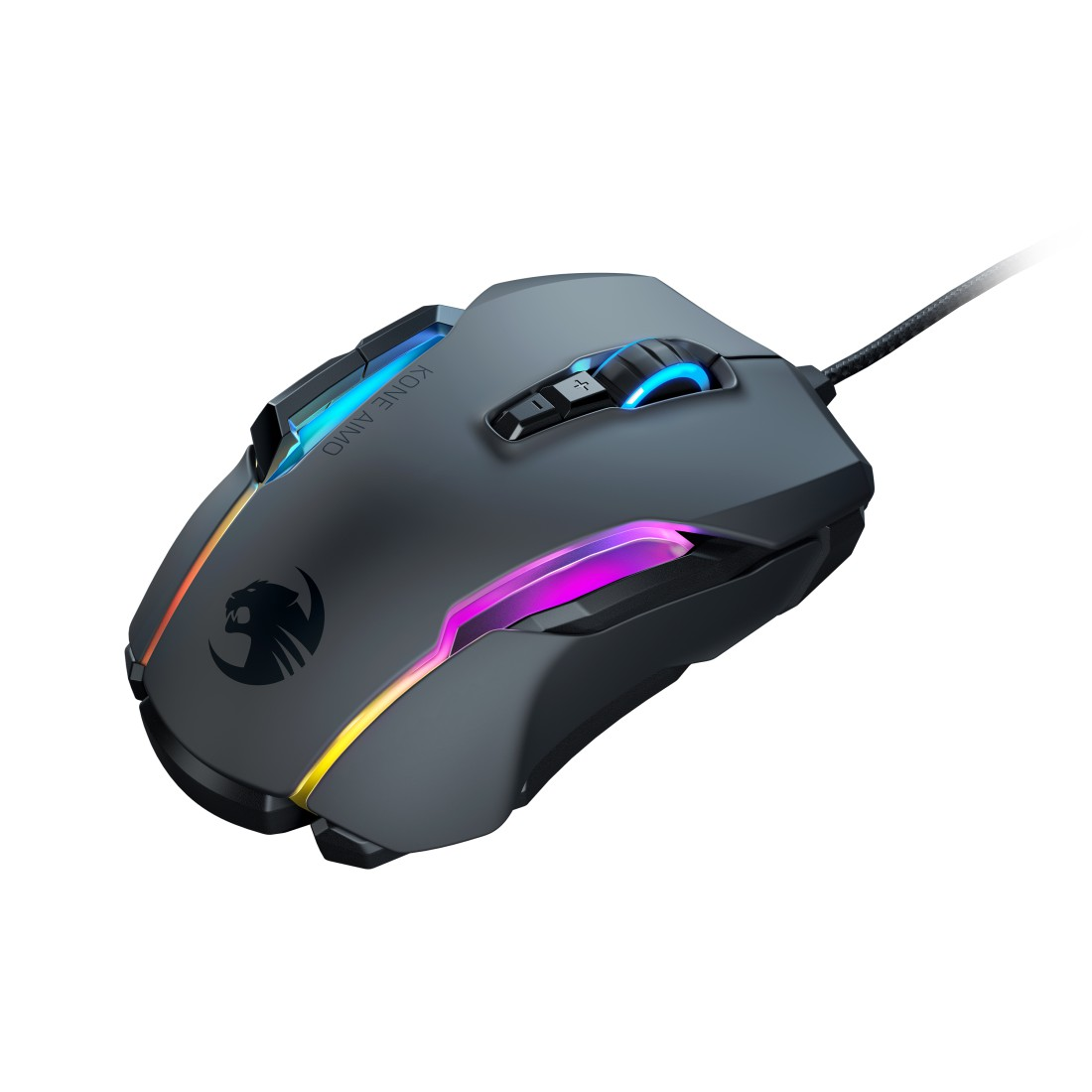 Eine Gaming-Maus in Dunkelgrau mit bunten Lichtstreifen. Ein Kabel ist angeschlossen.