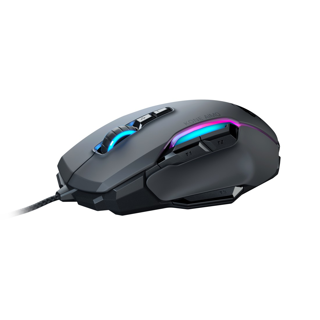 Eine schwarze Gaming-Maus mit RGB-Beleuchtung. Sie hat mehrere Tasten und einen kabelgebundenen Anschluss.