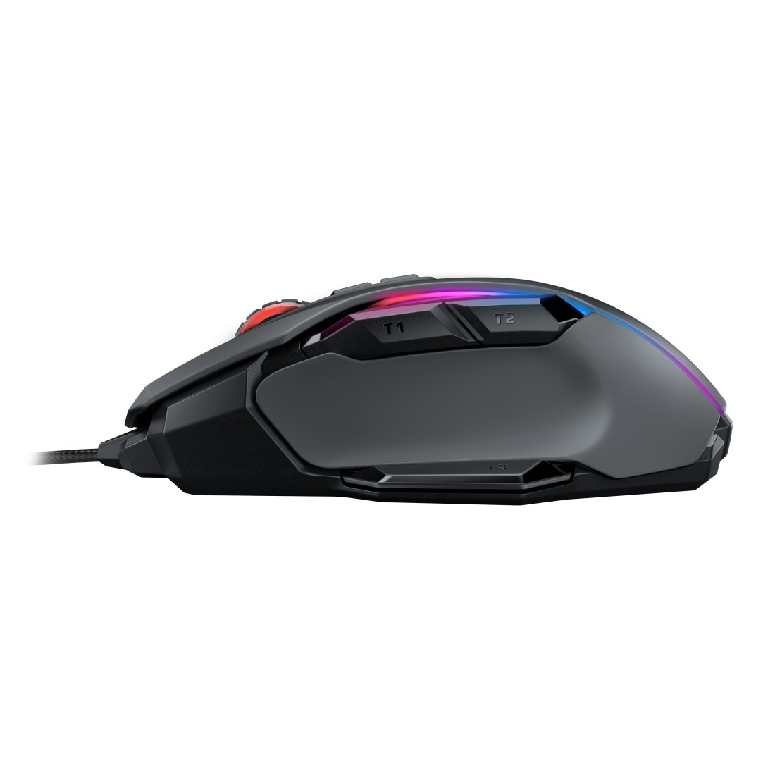 Eine schwarze und graue Gaming-Maus mit roter Taste und RGB-Beleuchtung.