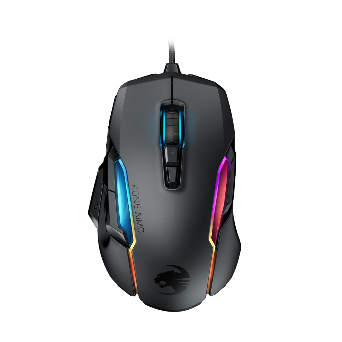 Schwarze Gaming-Maus mit RGB-Lichtern. Zeigt den Markennamen 'ROCCAT'. Weißer Hintergrund.
