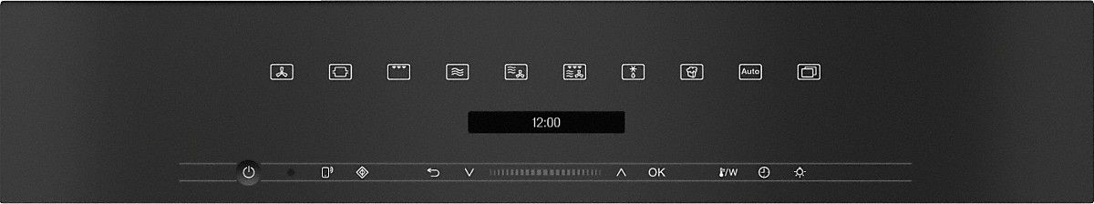 A dark control panel featuring icons for fan, oven, waves, and auto.