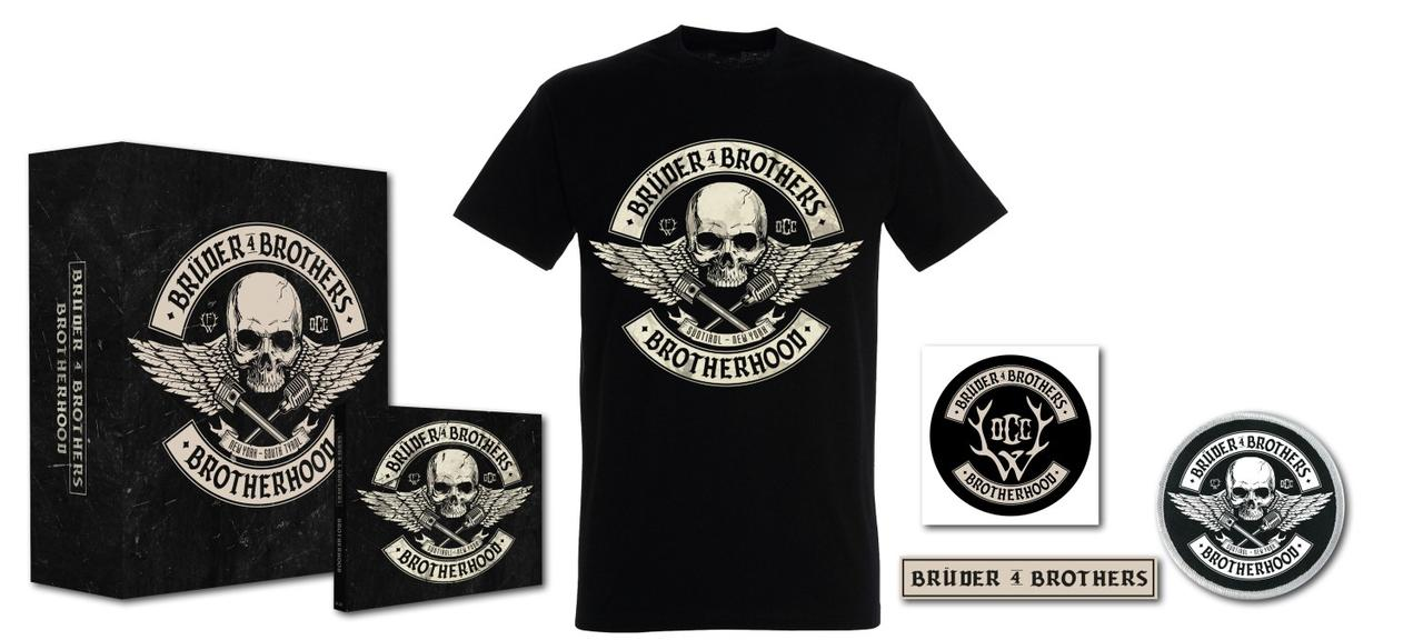 Schwarzes T-Shirt mit Totenkopf- und Flügel-Logo. Zubehör: Box, Karten und Aufnäher.