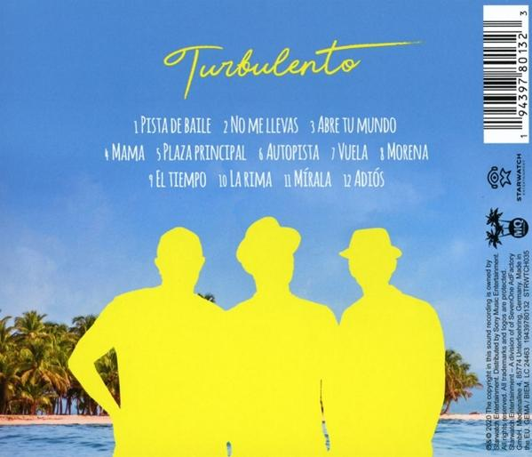 Albumcover mit drei silhouettierten Figuren und tropischem Hintergrund, Text oben.