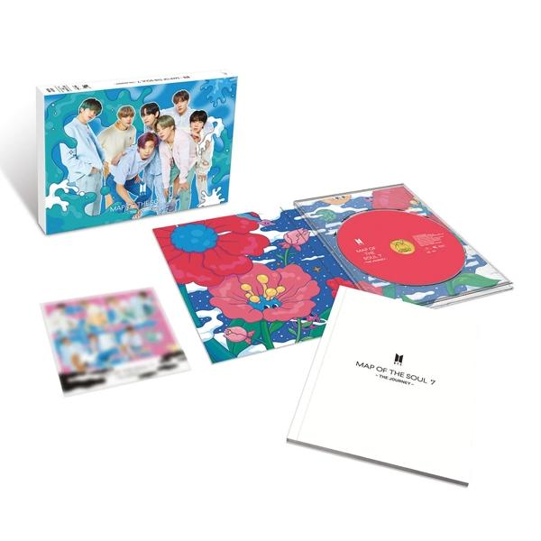 Album csomagolás, CD-t, füzetet és albumborítót mutat a csoport tagjaival, különféle elemekkel.