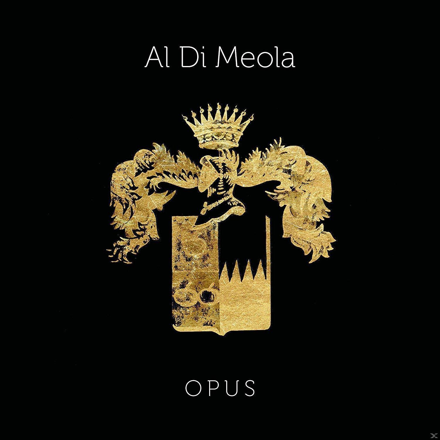 Albumcover für "Opus" von Al Di Meola. Schwarzer Hintergrund mit goldenem Emblem und Text.