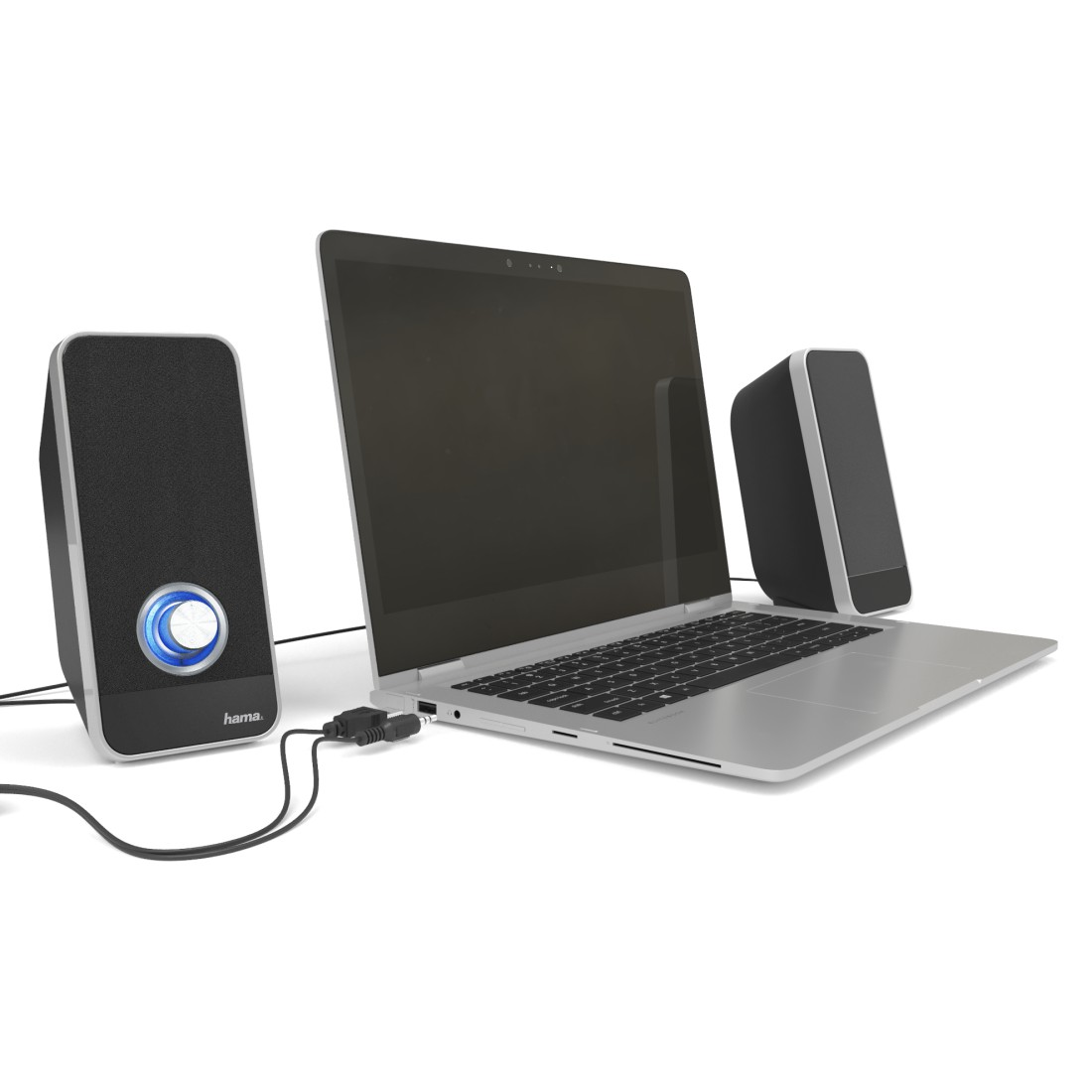 Laptop mit Lautsprechern. Der linke Lautsprecher hat ein blaues Licht. Weißer Hintergrund.