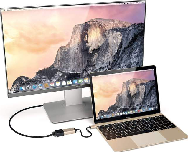 Laptop mit Monitor verbunden. Yosemite-Hintergrund auf beiden Bildschirmen. Schwarzes Kabel.