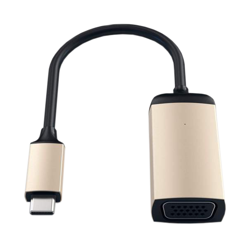 Ein beiges USB-C-zu-VGA-Adapterkabel. Es hat ein schwarzes Kabel und einen beigen Stecker.