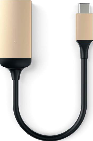 Ein beigefarbenes und schwarzes USB-C-zu-USB-C-Adapterkabel. Die Enden sind beige und das Kabel ist schwarz.
