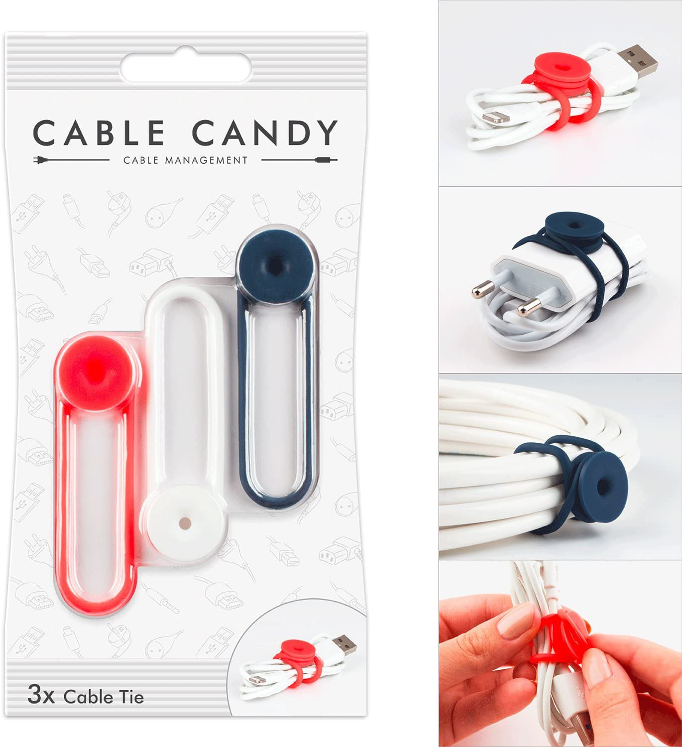 Colliers de serrage dans un emballage et en cours d'utilisation. Trois colliers sont présentés dans l'emballage. Différentes couleurs et en cours d'utilisation sur des câbles.