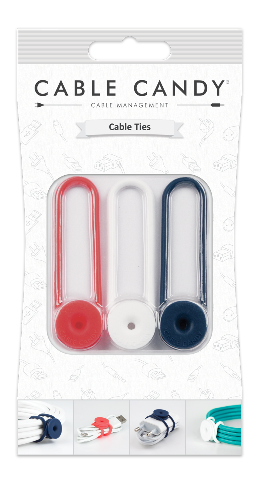 Attaches de câble Cable Candy. Attaches rouges, blanches et bleues avec une partie centrale ronde, emballées sur blanc.