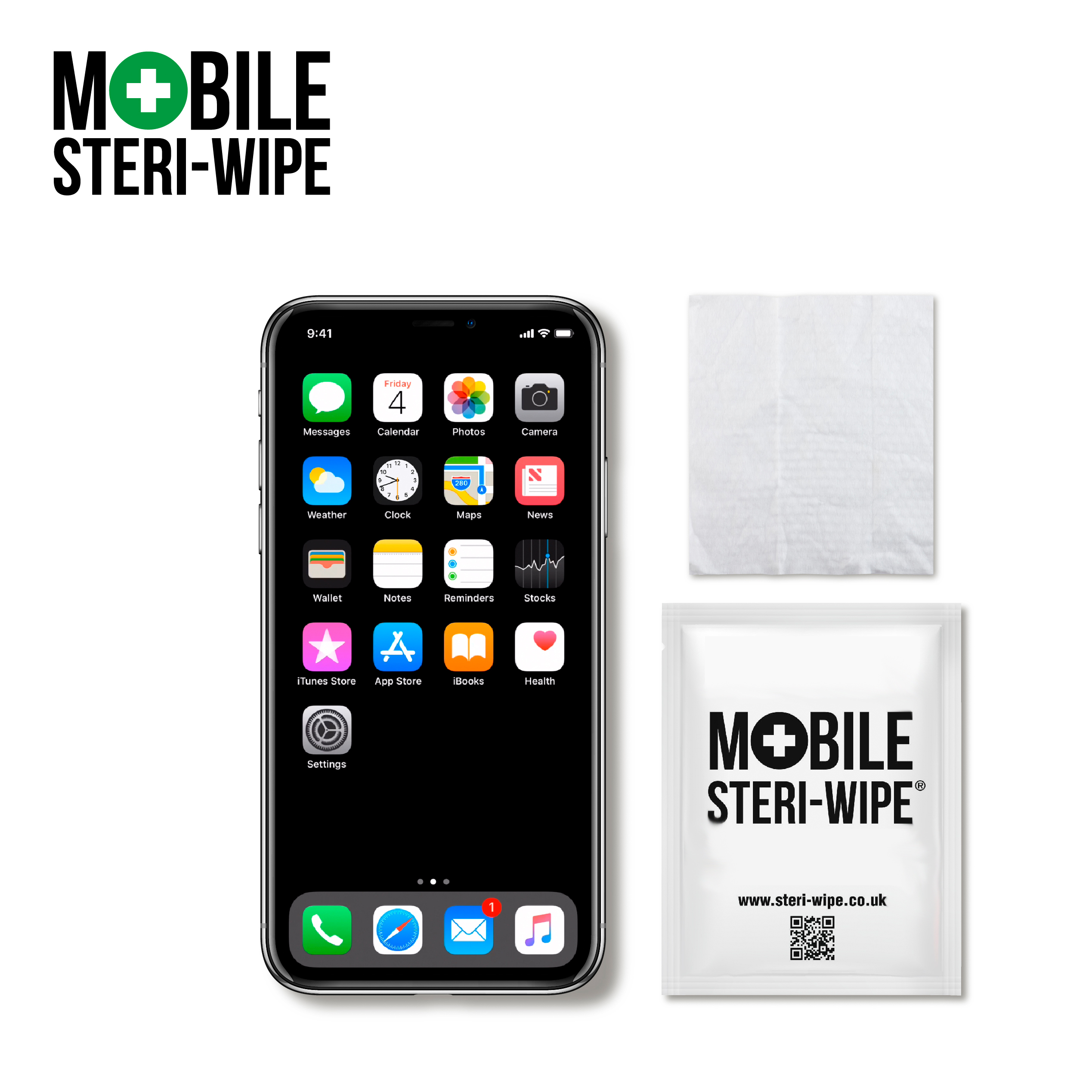 Ein iPhone mit App-Symbolen, ein Wischtuch und eine Packung Mobile Steri-Wipe auf Weiß.