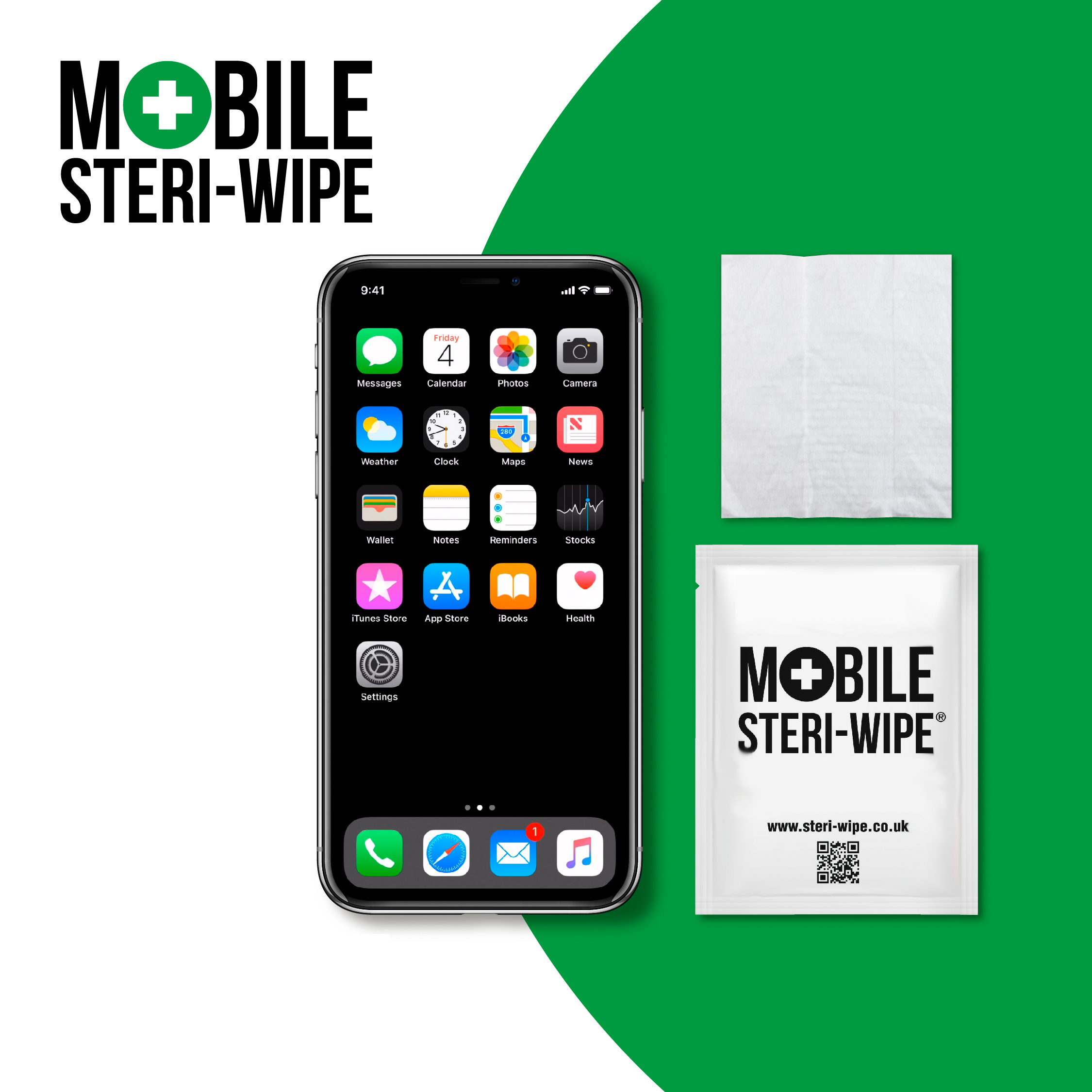 Smartphone mit Apps und Wischtuch neben Wischtuchpaket, auf grünem Hintergrund.
