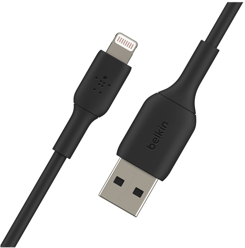 A black Belkin USB charging cable with a USB connector and a lightning connector.