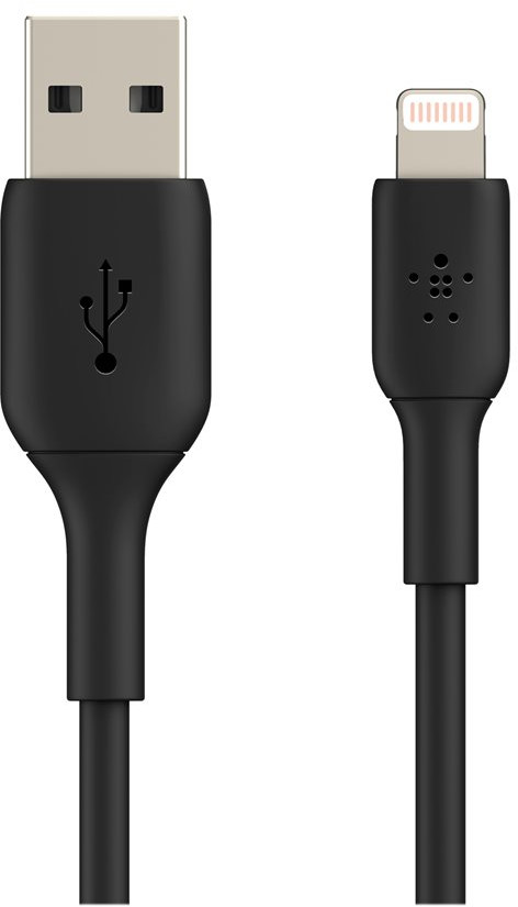 A black USB to lightning cable, showing the USB and lightning connectors.