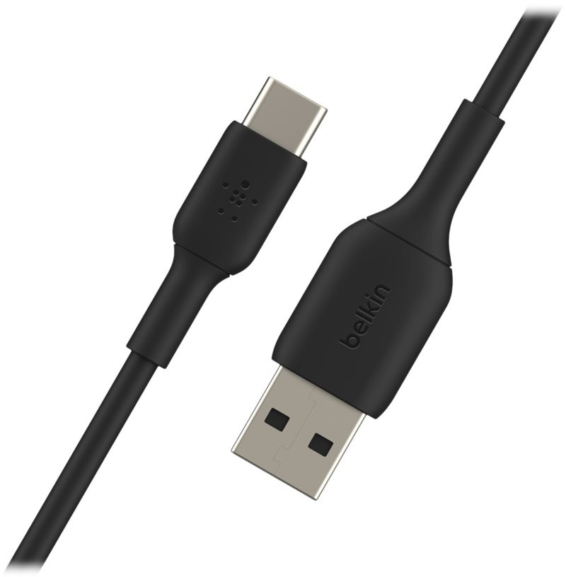 Black Belkin USB-C to USB-A cable. One end is USB-C, the other USB-A, both black.