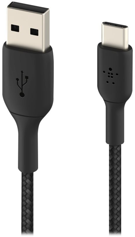 Black USB to USB-C cable. USB end on the left, USB-C on the right, both with black braided cables.