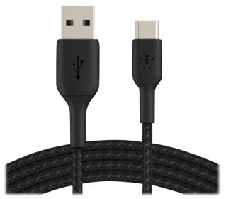 A Belkin USB-A to USB-C cable, black, with the USB-A connector at the top.
