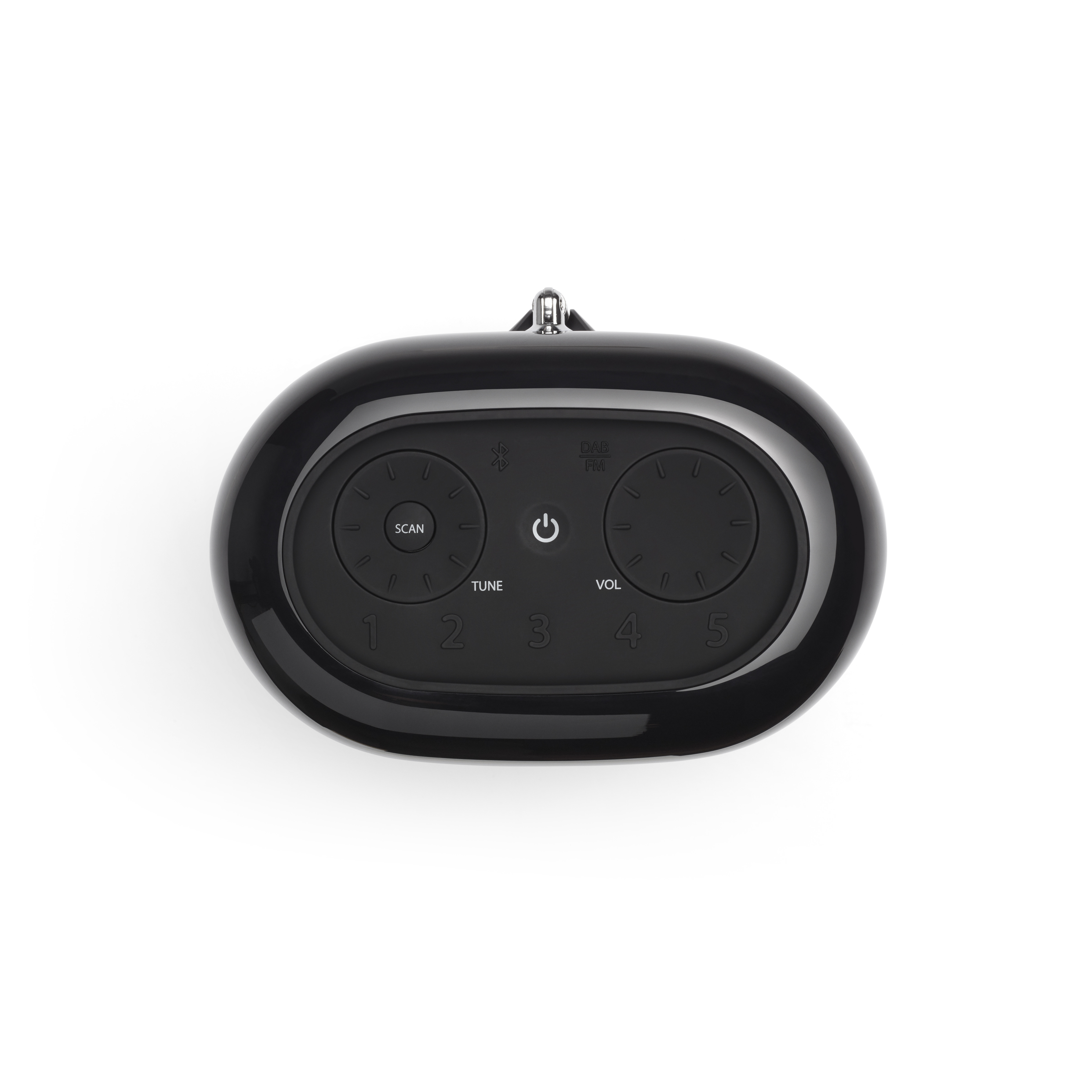 Black, oval-shaped radio control with buttons for scan, tune, volume, and preset buttons.