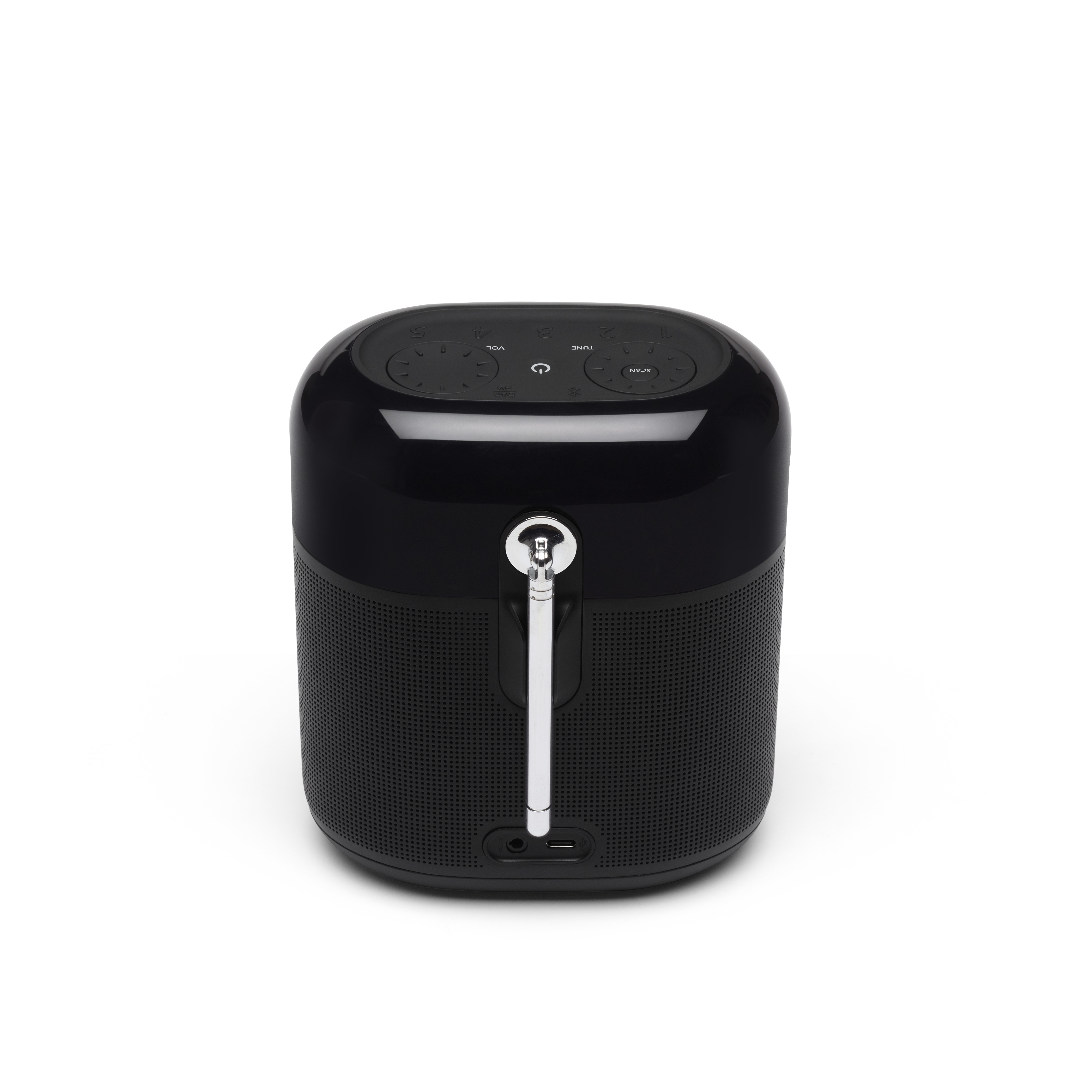 Black and silver retro-style radio with antenna and controls, on a white background.
