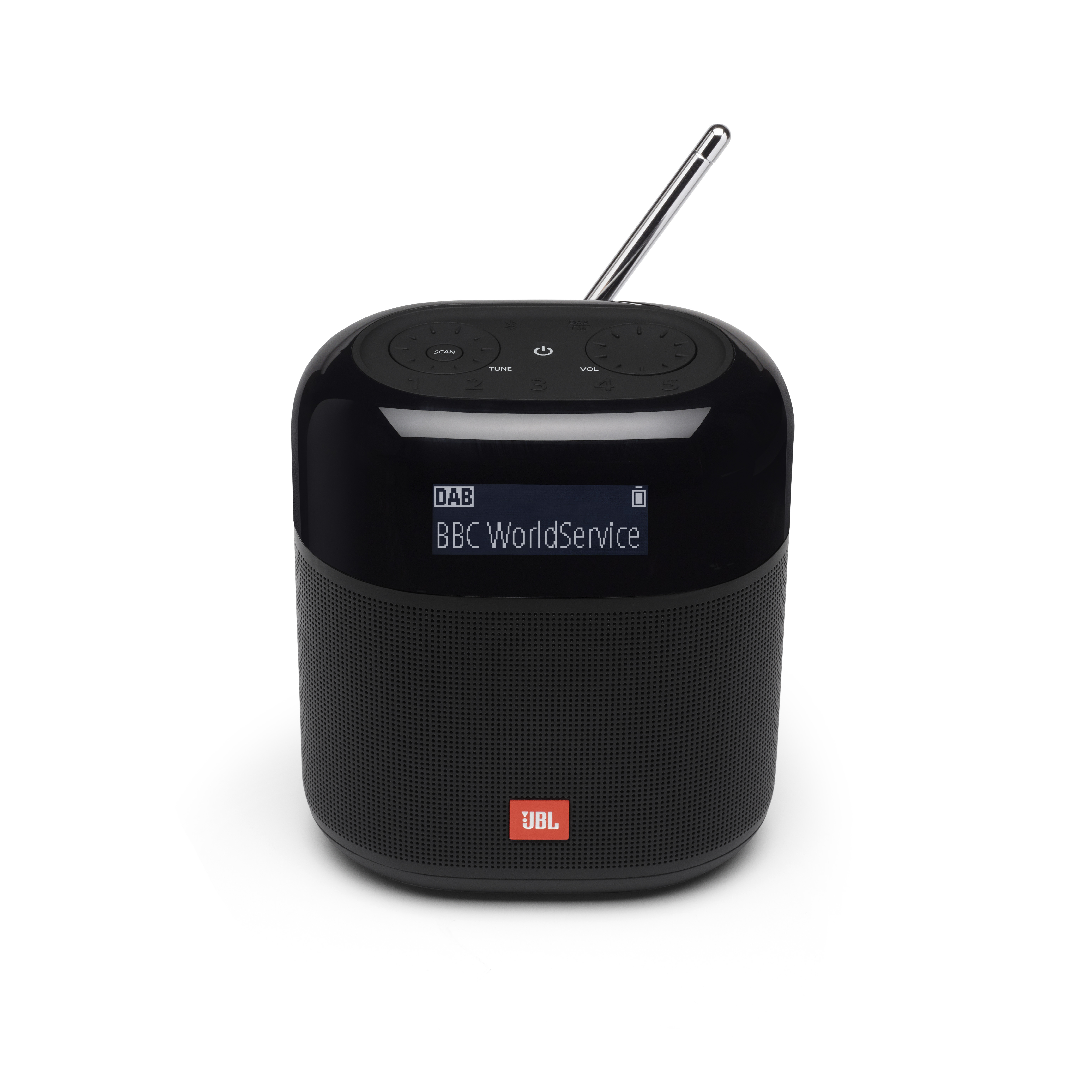 Black JBL radio on white. The radio has a screen and buttons. White background.