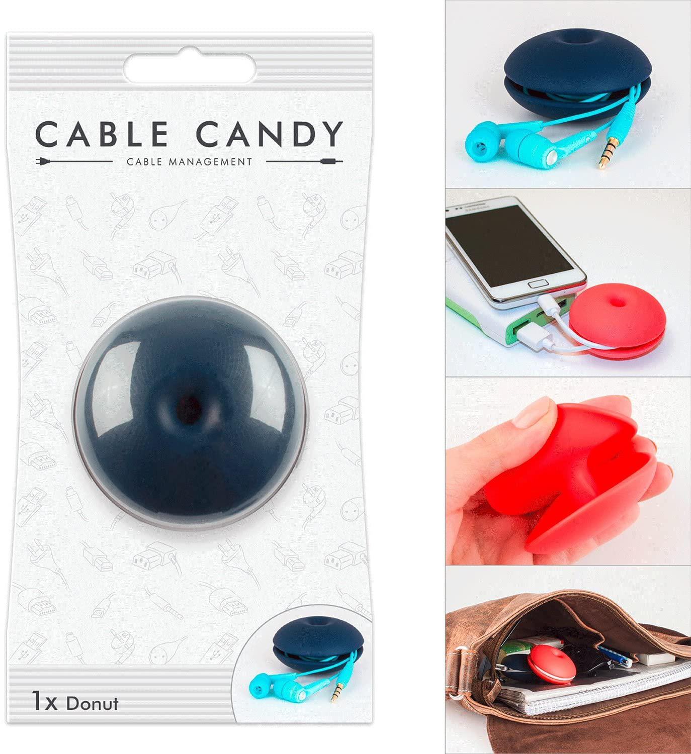Confezione per la gestione dei cavi. La confezione mostra un organizzatore di cavi blu e rosso.