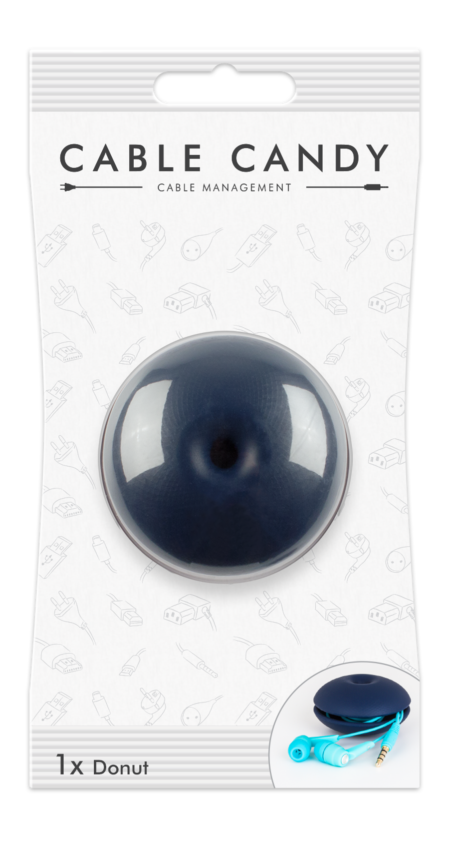 Confezione Cable Candy con un organizer per cavi a forma di ciambella blu scuro e auricolari.