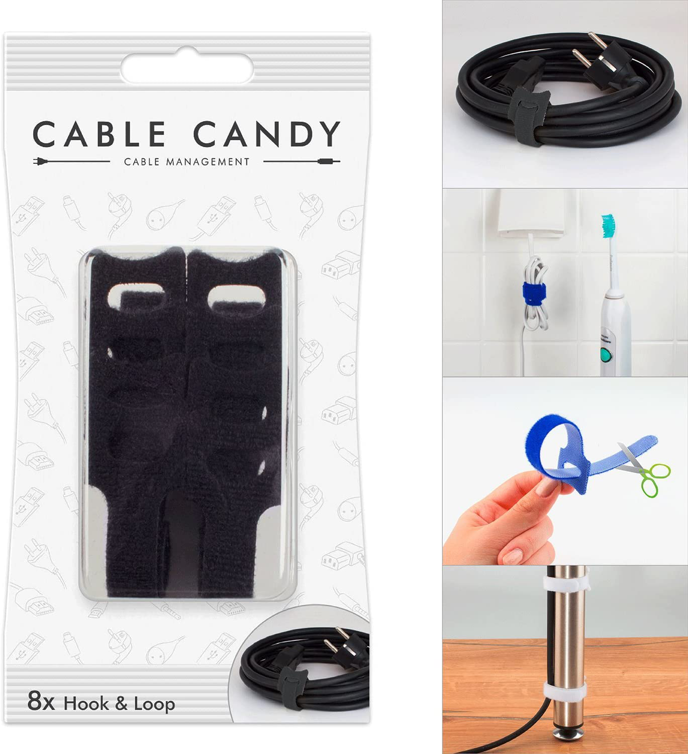 Kit de gestion de câbles Cable Candy. Divers organiseurs de câbles et exemples sont présentés.
