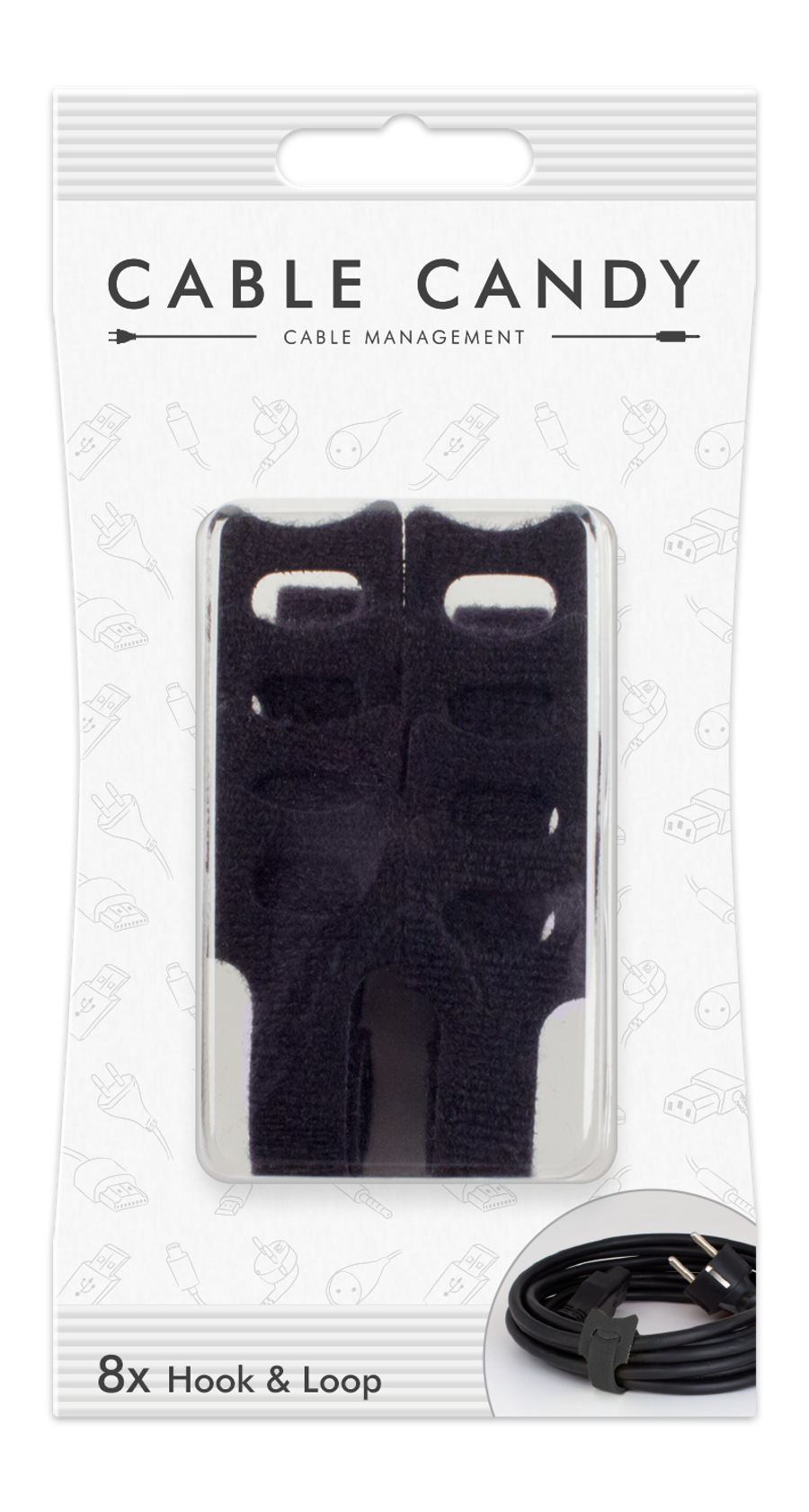 Emballage de gestion de câbles Cable Candy. L'emballage montre des organiseurs de câbles et des câbles.