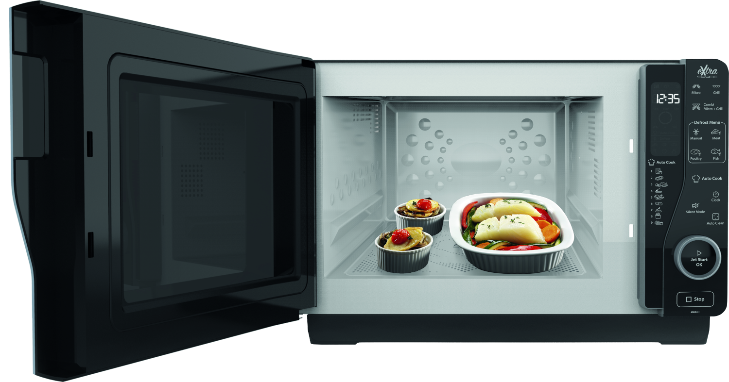 A microwave oven with the door open, displaying dishes inside, and controls on the side.