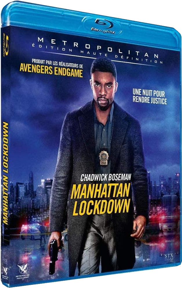 Couverture du film : Homme noir en manteau, tenant une arme, fond de ville, titre : Manhattan Lockdown.